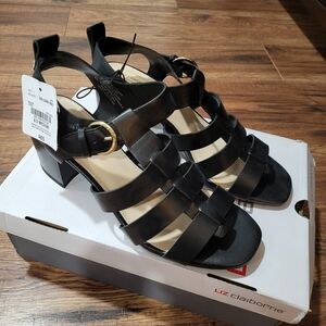 Liz Claiborne Black Multi-Strap Block Heel Sandals with Gold Buckle